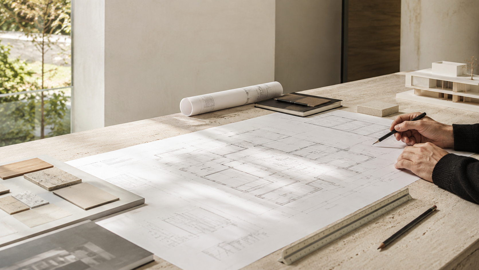 Architekturpläne und Materialmuster auf einem Planungstisch